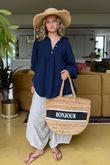 Made in Italy Santos Collared Peasant Smock Blouse Navy